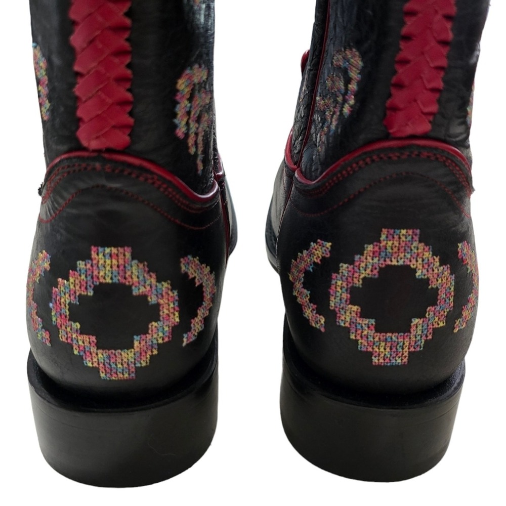 Black Star Black Leather Western Boots Red Trim Embroidered Design - Picture 4 of 11